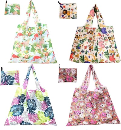 Vouwbare Herbruikbare Winkeltassen, Wasbare Eco Tote Tassen met Opbergtas voor Boodschappen, Reizen en Dagelijks Gebruik - Set van 4