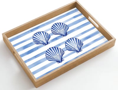 Dienblad hout 50x35 cm - Schootdienblad - Vier schelpen - Blauw - Wit - Strepen - Borrelplank rechthoek - Plateau dienbladen