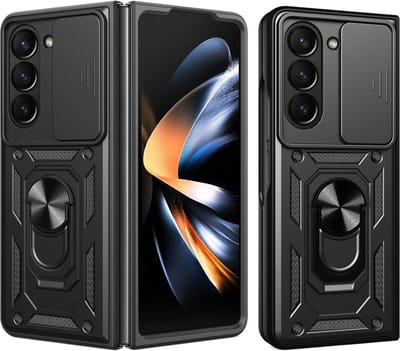 Geschikt voor Samsung Galaxy Z Fold 5 Hoesje Camera Slider en Kickstand Ring Zwart