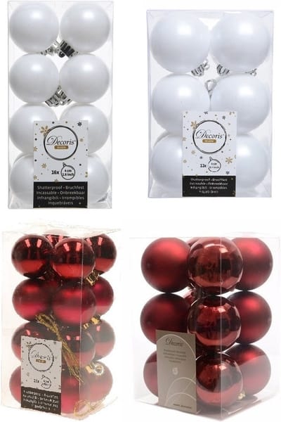 Kerstversiering kunststof kerstballen kleuren mix winter wit/donkerrood 4 en 6 cm pakket van 80x stuks