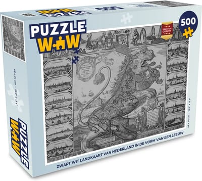 Puzzel Zwart wit landkaart van Nederland in de vorm van een leeuw - Legpuzzel - Puzzel 500 stukjes