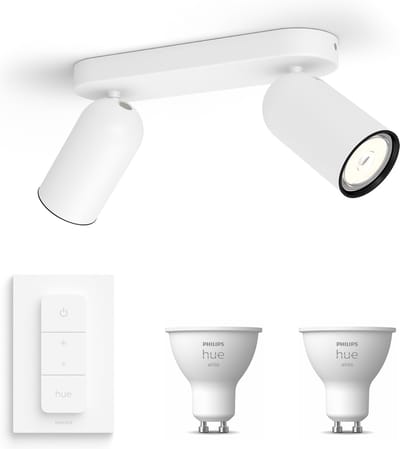 Philips Hue Pongee Opbouwspot (Wit) - Warmwit Licht - Incl. Hue Dimmer Switch - Plafondspot met 2 Lichtpunten - GU10 - Hue White