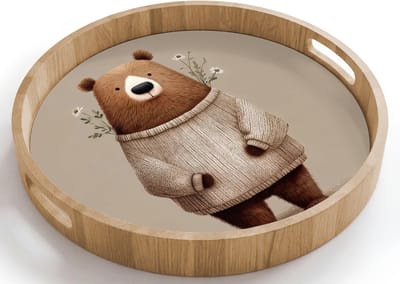 Dienblad rond 40x40 cm - Schootdienblad hout - Beer - Witte bloemen - Knus - Borrelplank rechthoek - Plateau houten dienbladen