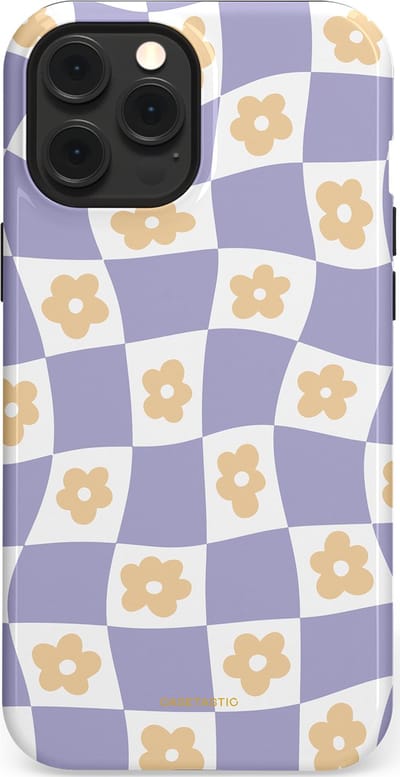 Casetastic hoesje geschikt voor Apple iPhone 12 Pro Max - MagSafe - Dubbellaagse bescherming - Kronkelende madeliefjes - Fashion Case - Lila Wit Zand Lichtgrijs