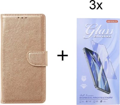 Bookcase Geschikt voor: Huawei P Smart 2021 - Bookcase Goud - portemonee hoesje met 3 stuk Glas Screen protector