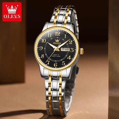 HO-2891.gz-zw : Olevs zilver/goudkl edelstaal dames horloge, zwarte wijzerplaat met goudkl cijfers, dagaanduiding