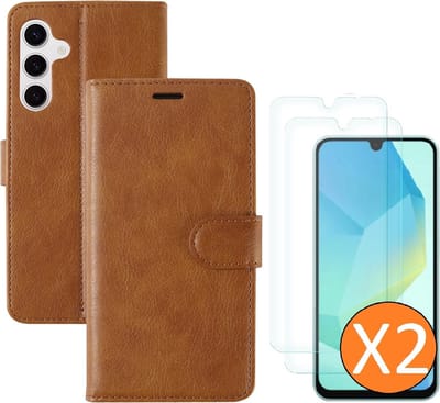 Hoesje geschikt voor Samsung Galaxy A16 4G / 5G hoesje Bruin pasjeshouder telefoon hoes - Met screenprotector tempered glass voor Galaxy A16 4G / 5G - 2x