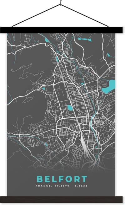 Posterhanger incl. Poster 40x60 cm - Schoolplaat - Belfort - Frankrijk - Kaart - Stadskaart - Plattegrond - Textielposter - Zwarte latten - Stadskaart