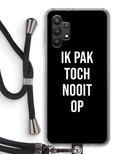 Case Company® - Hoesje met koord geschikt voor Samsung Galaxy A32 5G hoesje met Koord - Ik pak nooit op - Zwart - Telefoonhoesje met Zwart Koord - Bescherming aan alle Kanten en Over de Schermrand