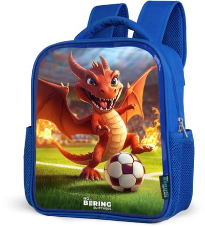 NoBoringSuitcases.com® - Rugzak blauw - Schooltas jongens - Rode draak voetbalt in zonnig stadion - Kinder rugtas jongen - Boekentas kind - Kinderrugzak voor school - Schoolrugzak