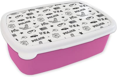 Broodtrommel Roze - Lunchbox - Brooddoos - Politie - Amerika - Handboeien - Patroon - 18x12x6 cm - Kinderen - Meisje