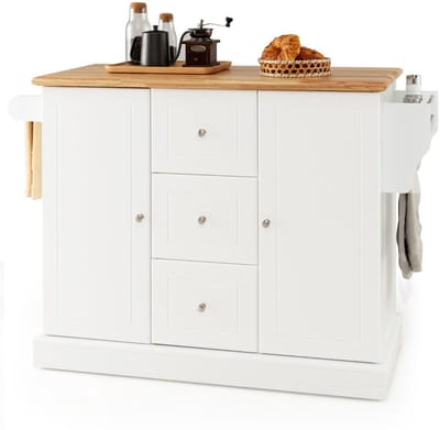 Keukeneiland - Verplaatsbaar - Keukenkast - Dressoir - Organizer - Kasten - Houten Werkblad - Lade - Wit
