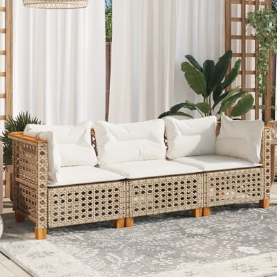 vidaXL - Tuinbank - 3-zits - met - kussens - poly - rattan - beige