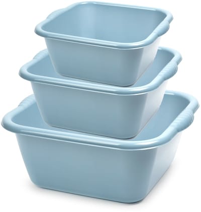 Plasticforte 3x huishoud teilen set - afwasbak - kunststof - 6-10-15 liter - ijsblauw - schoonmaken
