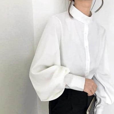 Dames Lente Zomer Grote Maat Vintage Blouse Dames Herfst Effen Kleur Lange Mouwen Losse Opstaande Kraag Overhemden S wit