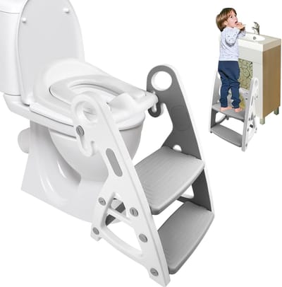 Toiletbril voor Kinderen met Trap | Opvouwbare Wc-bril en Toilettrainer in Grijs