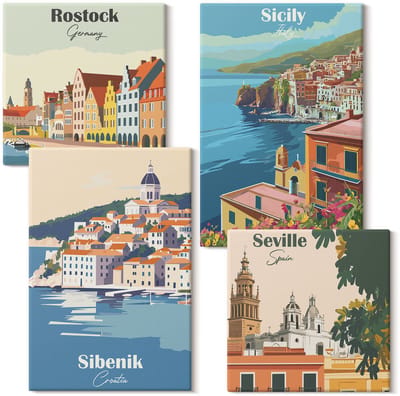 Wallfluent Set van canvas schilderijen - Landschappen van Europese steden met kleurrijke gebouwen Canvas Schilderijen Set - Set van 4 Canvas Schilderijen - Veelkleurig Set van Canvas Prints - Steden Canvas Kunst Set - Boheemse Canvas Kunst Set