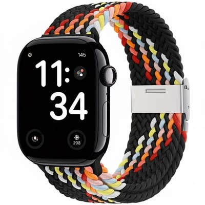 Veelkleurig nylon horlogebandje geschikt voor Apple Watch dames en heren 38 mm / 40 mm / 41 mm / 42 mm (serie 10 / 11), zwart basis elastisch gevlochten smartwatch bandje zonder gesp, multicolor stretch vervangend horloge bandje