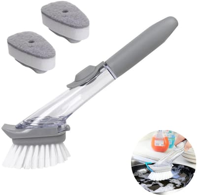1 Set - Afwasborstel - Afwasborstel met zeepdispenser - Multifunctionele afwasborstel - Vervangbare borstelkoppen - Geschikt voor het reinigen van keukengerei, potten, pannen en gootstenen (twee sponskoppen, één borstelkop)