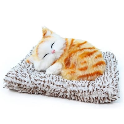Oneay Luchtzuiverende pluche kat met bamboehoutskool – Oranje slapend kattenkussen – Decoratie voor auto dashboard en kantoor