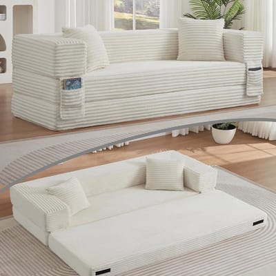 3-Zits Bank, Moderne Corduroy Bank Met Modieuze Uitstraling, Klassiek Vierkant Ontwerp, Tweelaags Uniek Ontwerp, Om Te Bouwen Tot Slaapbank, Compact & Ruimtebesparend, Comfortabel Zitmeubilair, ideaal voor appartementen en grote kamers-Wit