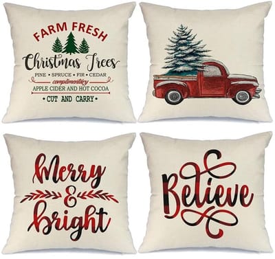 Dailygoods- Kerstkussenslopen 45 x 45 cm - 4 stuks - Katoenen Linnen - Aquarelprints - Decoratieve Kussens - Onzichtbare Ritssluitingen - Kussenhoezen