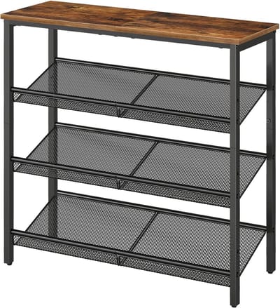 4-laags schoenenrek met verstelbare metalen grid, ruime bovenkant voor 12-15 paar schoenen, industrieel vintage ontwerp voor entree en gang