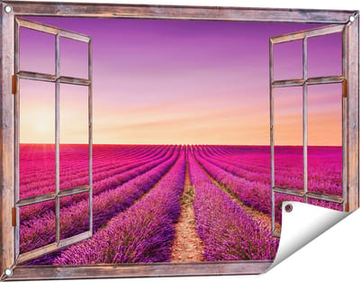 Gards Tuinposter Doorkijk Paarse Lavendel Bloemenveld - 90x60 cm - Tuindoek - Tuindecoratie - Wanddecoratie buiten - Tuinschilderij