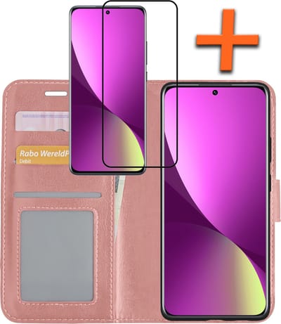 Hoes - Met Screenprotector - Geschikt voor Xiaomi 12 - Luxe Pasjeshouder - Bookcase Portemonee - Flip Case - Kunstleer Book Case - Flipcase - Book Cover - Walletcase - PortemonneeHoes - Rosé goud