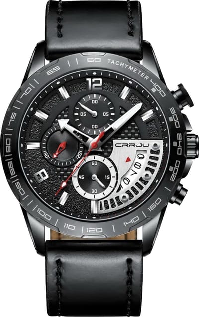 CRRJU Horloge - Zwart - Heren - Analoog - Ø45mm - Kunstleer - Datumaanduiding - Stopwatch