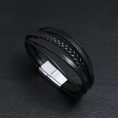 Heren Armband Leer met Enkele Vlecht - Zwart met Stalen Sluiting - Armbanden - Papa Cadeau Voor Mannen - Vaderdag