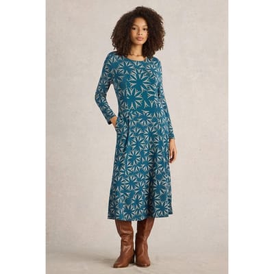 White Stuff Madeline Jersey Dress Teal Multi Maat: 10 REGULAR | Midi Jurken Outlet | Dames | Blauw