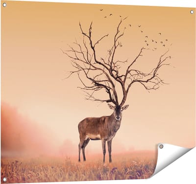 Gards Tuinposter Hert met een Bomen Gewei - 100x80 cm - Tuindoek - Tuindecoratie - Wanddecoratie buiten - Tuinschilderij