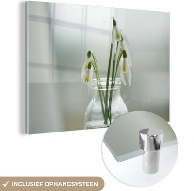 ® Glasschilderij 180x120 cm - Schilderij acrylglas - Sneeuwklokjes in een doorzichtige vaas - Foto op glas - Muurdecoratie woonkamer - Wanddecoratie slaapkamer - Schilderijen