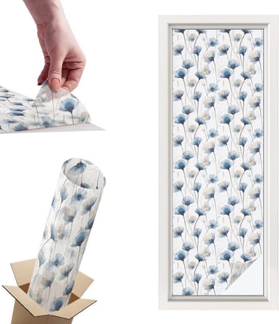 Tulup Raamfolie Anti inkijk - Blauwe bloemen Privacy Folie Raam - 50x146 cm - Wit Anti inkijk Folie - Raamfolie Tegen inkijk Glas in Lood - Voor de slaapkamer, woonkamer en badkamer. - Raamfolie Zonwering