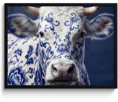Poster in lijst - Fotolijst 80x60 cm - Posters - Koe - Delfts - Blauw - Artistiek - Posterlijst zwart - Decoratie - Wanddecoratie woonkamer - Muurdecoratie slaapkamer