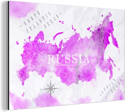 Aluminium schilderij 180x120 cm - Wanddecoratie metaal - Wereldkaart - Roze - Rusland - Metalen muurdecoratie woonkamer - Decoratie industrieel - Foto op dibond - Industriële accessoires slaapkamer