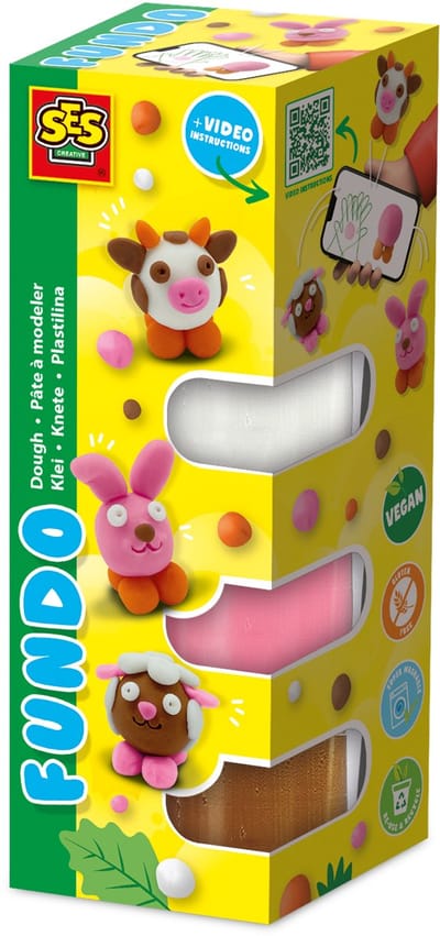 SES Creative - FunDo Klei - Boerderij Dieren (3x90g en 1x40g) - Vegan en Glutenvrij - Herbruikbaar - Uitwasbaar - Inclusief Video Instructies - Vanaf 3 jaar