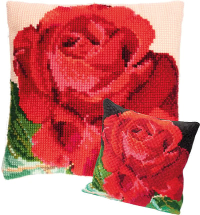 Thea Gouverneur Borduurpakket Kussen Roos 40 x 40 cm – Compleet Quickpoint pakket met voorgedrukt canvas, garen en naald – DIY hobby voor volwassenen