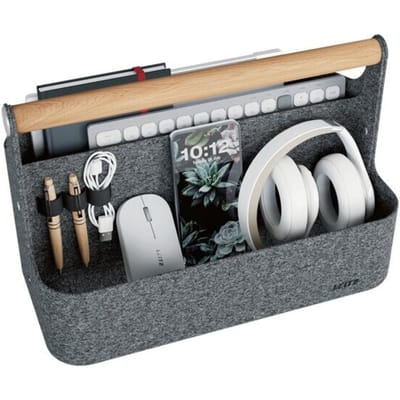 Leitz bureau-organizer, 2 vakken + 3 pennenlussen, tot 7,6 kg, B 380 x D 190 x H 255 mm, houten handgreep, gerecycled vilt, donkergrijs