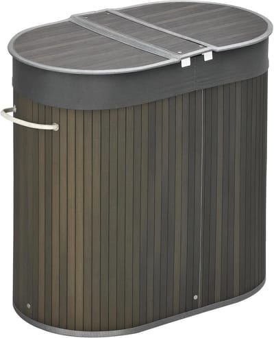 HOMCOM Bamboe wasmand met deksel, 100 liter, wasverzamelaar met handgrepen, 2 uitneembare waszakken, wassorteerder, wasbox voor bijkeuken, badkamer, slaapkamer, grijs