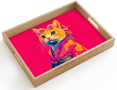 Dienblad hout 40x30 cm - Schootdienblad - Kat - Kimono - Bloemen - Roze - Borrelplank rechthoek - Plateau dienbladen