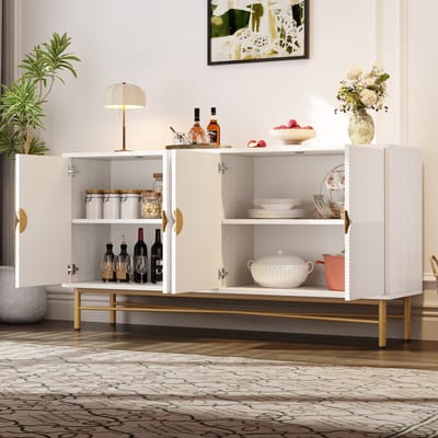 Dressoir - 160x40x82 cm - Met 4 Deuren Gegraveerd Design Gouden Grepen - Hoogglans - Hout - Wit