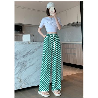 Broeken voor Dames Zomer Nieuw Airconditioning Koel Broeken IJszijde Draad Geprint Wijde Pijpen Broeken voor Dames Schaakbord Geruit Casual Rechte Broeken XXL gray