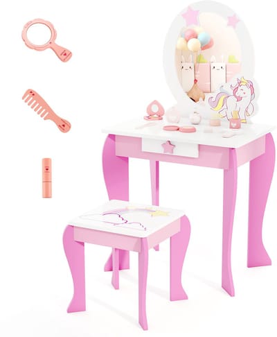 COSTWAY Make-uptafel voor kinderen, met kruk, prinsessen-kaptafel met lade en afneembare spiegel, kapcommode voor meisjes van 3 tot 7 jaar, roze