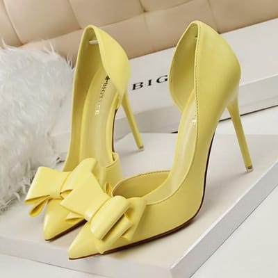 Koreaanse Mode Dames Schoenen Bruiloft Strik Hoge Hakken Naaldhakken Ondiep Puntige Neus Zijleeg Dunne Schoenen 40 geel