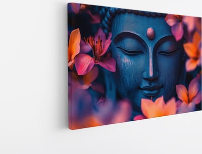 Saammp Canvas Schilderij - Boeddha tussen de bloemen - 45x30 - Foto op canvas - Wanddecoratie - Muurdecoratie Woonkamer - Canvas schilderijen
