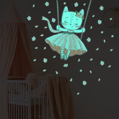 Lichtgevende sticker - Dansende kat - Fluorescerende muur-/plafondsticker voor kinderen - 130x110cm