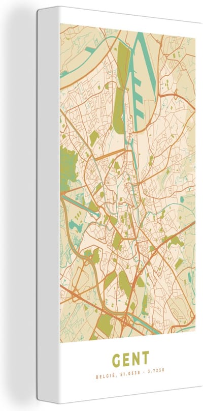 Canvas Schilderij Gent - Kaart - Stadskaart - Plattegrond - Vintage - 20x40 cm - Wanddecoratie