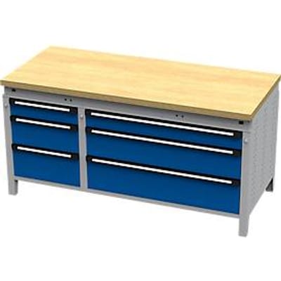 Otto Kind brede werkbank type 420, vlak afwerkend, multiplexplaat van beukenhout, tot 1400 kg, B 1697 x D 750 x H 850 mm, staal, centrale vergrendeling, blank aluminium/geniaanblauw